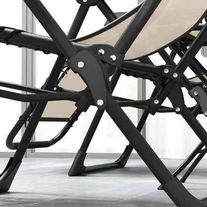 Set of 2 Garden Loungers Outdoor Folding with Side Table Cup Holder Zero Gravity Loungers with Adjustable Backrest Removable Armrest for Patio Pool Terrace Exterior Beige