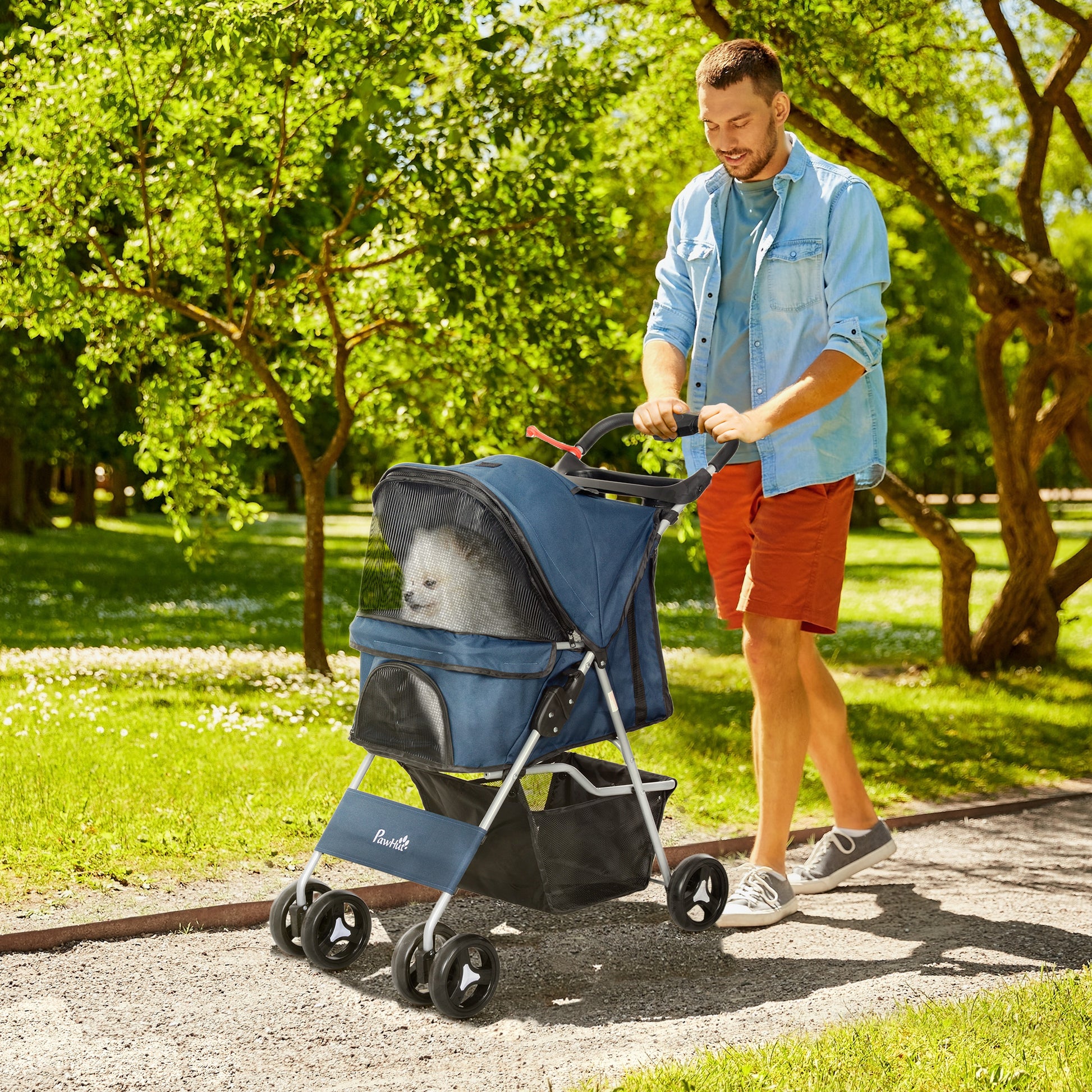 Foldable Pet Stroller for Dogs Small Pet Carriage with Adjustable Canopy Storage Basket 2 Universal Wheels 15 kg Load-Bearing 75x46x94 cm Dark Blue