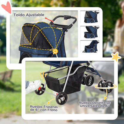 Foldable Pet Stroller for Dogs Small Pet Carriage with Adjustable Canopy Storage Basket 2 Universal Wheels 15 kg Load-Bearing 75x46x94 cm Dark Blue