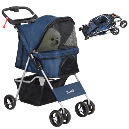 Foldable Pet Stroller for Dogs Small Pet Carriage with Adjustable Canopy Storage Basket 2 Universal Wheels 15 kg Load-Bearing 75x46x94 cm Dark Blue