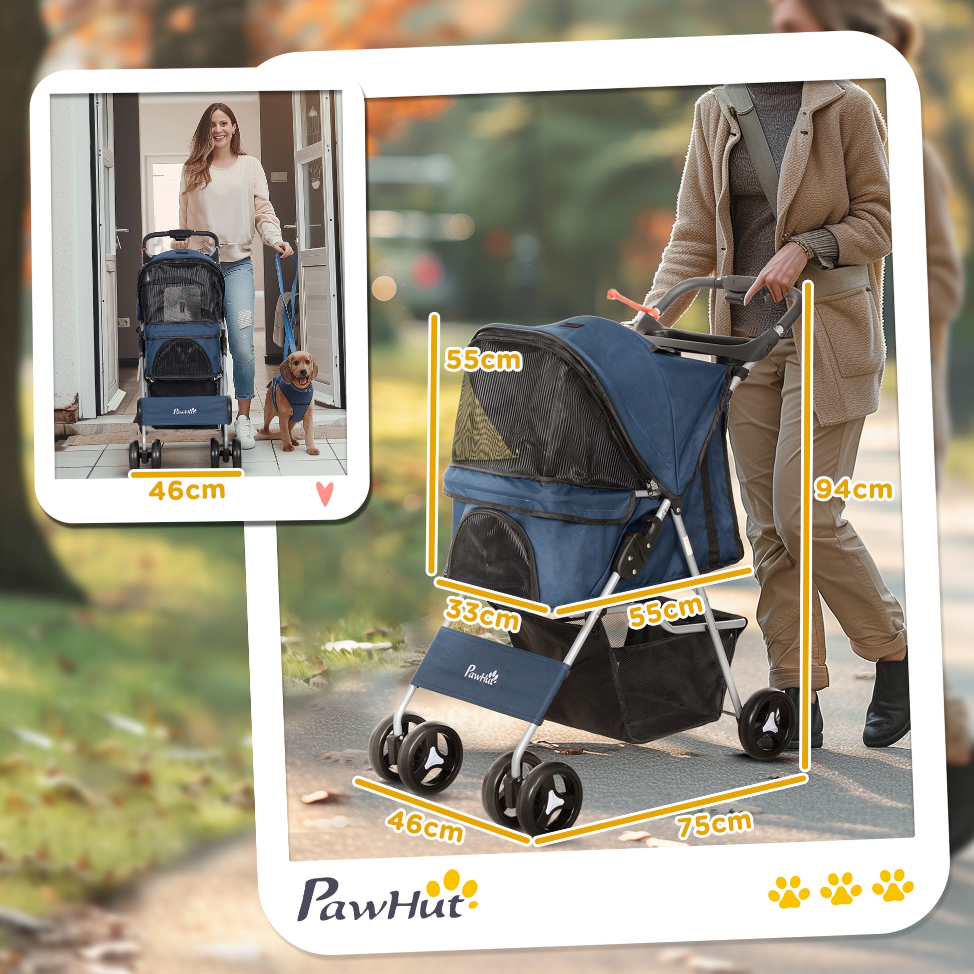 Foldable Pet Stroller for Dogs Small Pet Carriage with Adjustable Canopy Storage Basket 2 Universal Wheels 15 kg Load-Bearing 75x46x94 cm Dark Blue