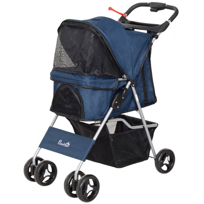 Foldable Pet Stroller for Dogs Small Pet Carriage with Adjustable Canopy Storage Basket 2 Universal Wheels 15 kg Load-Bearing 75x46x94 cm Dark Blue