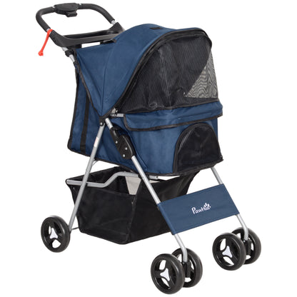 Foldable Pet Stroller for Dogs Small Pet Carriage with Adjustable Canopy Storage Basket 2 Universal Wheels 15 kg Load-Bearing 75x46x94 cm Dark Blue
