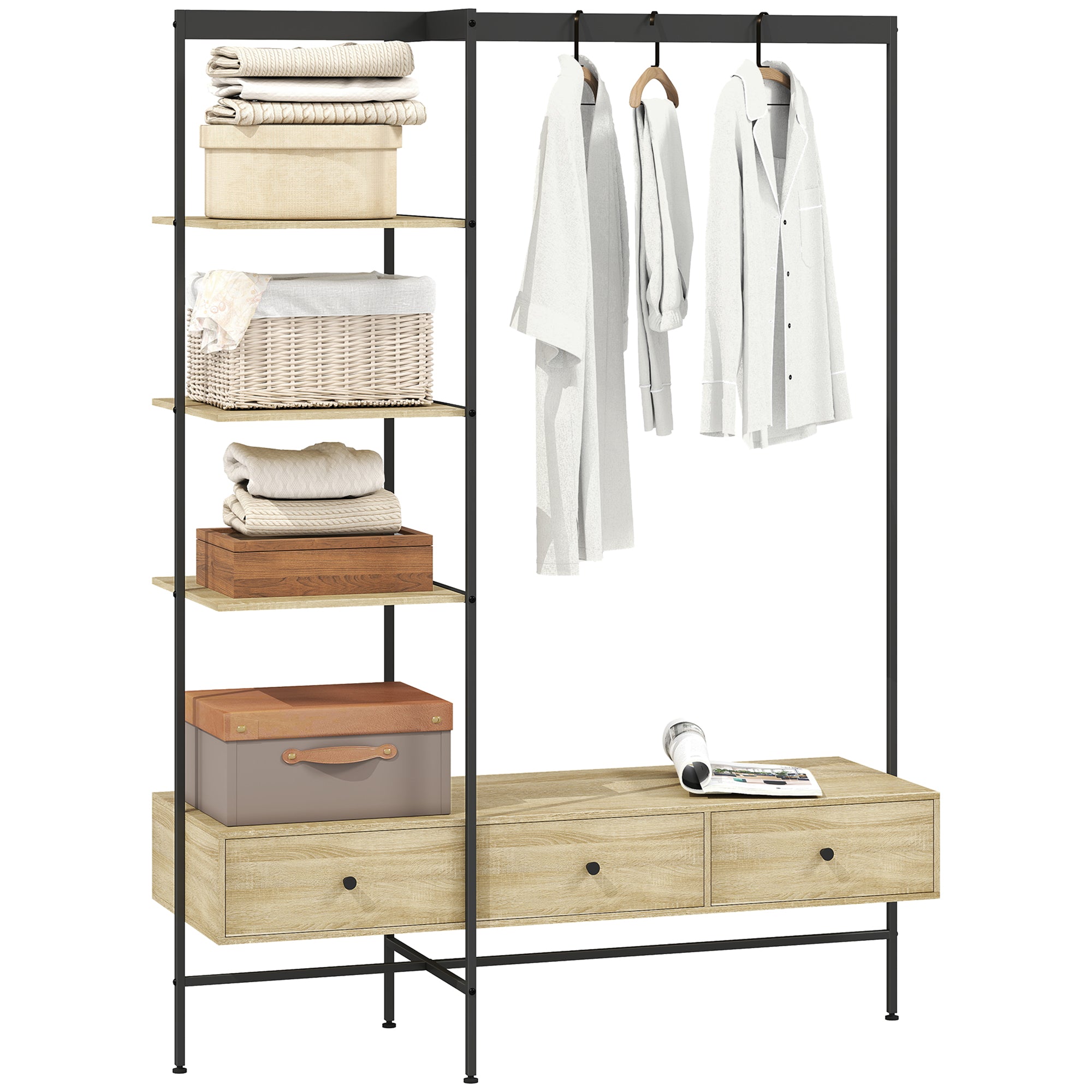 4-in-1 Freestanding Coat Rack with Shelves, Drawers & Hanging Rod — Oak Finish, Metal Frame, Anti-Tip (70.9" H)
