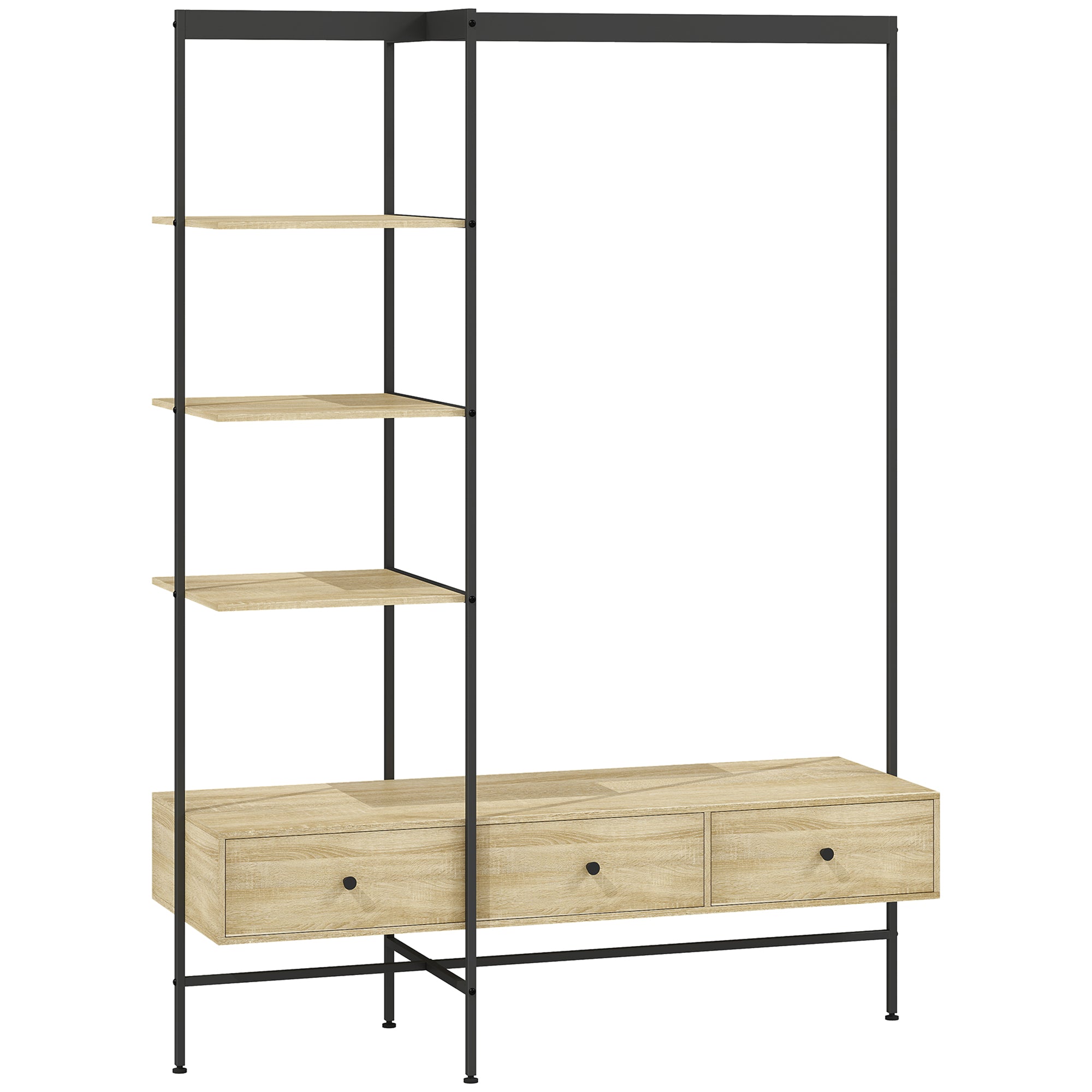 4-in-1 Freestanding Coat Rack with Shelves, Drawers & Hanging Rod — Oak Finish, Metal Frame, Anti-Tip (70.9" H)
