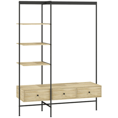 4-in-1 Freestanding Coat Rack with Shelves, Drawers & Hanging Rod — Oak Finish, Metal Frame, Anti-Tip (70.9" H)