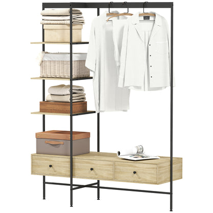 4-in-1 Freestanding Coat Rack with Shelves, Drawers & Hanging Rod — Oak Finish, Metal Frame, Anti-Tip (70.9" H)