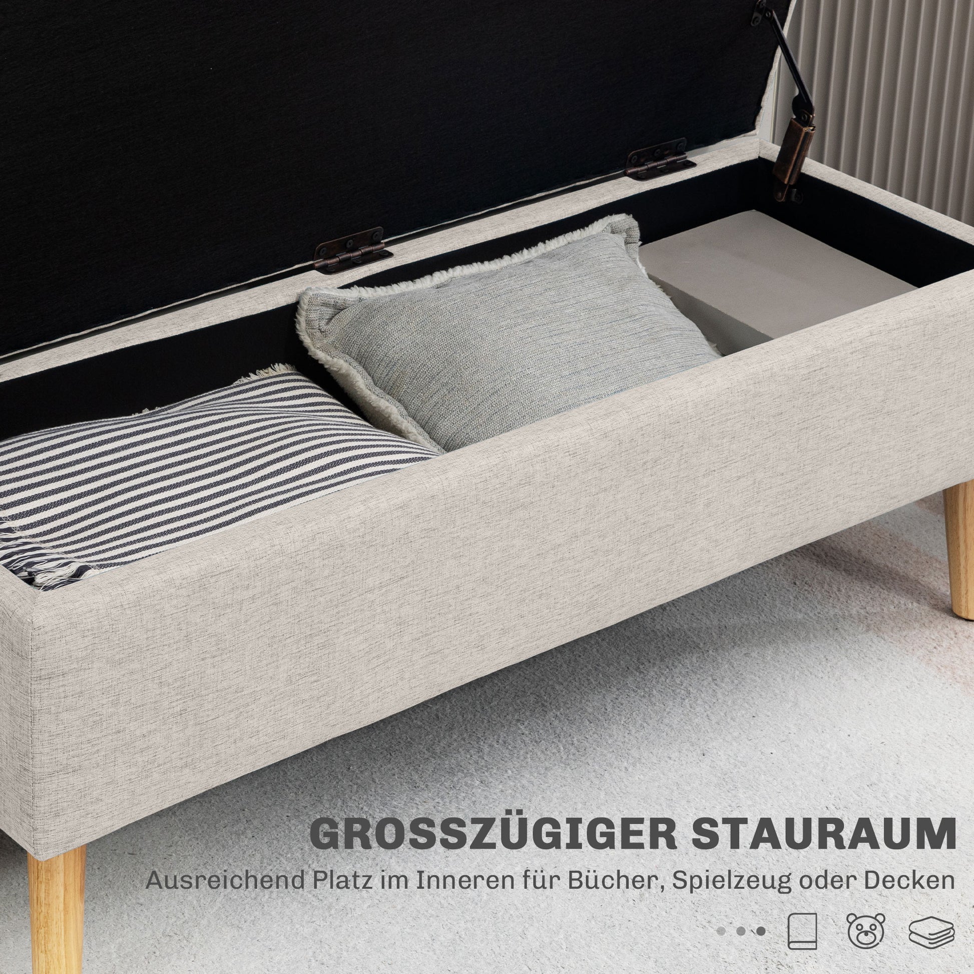 Bench with Storage, Upholstered Bench with Linen Look, Bed Bench with Wooden Legs, Storage Bench for Living Room Bedroom Hallway 110 x 39 x 45 cm, Beige