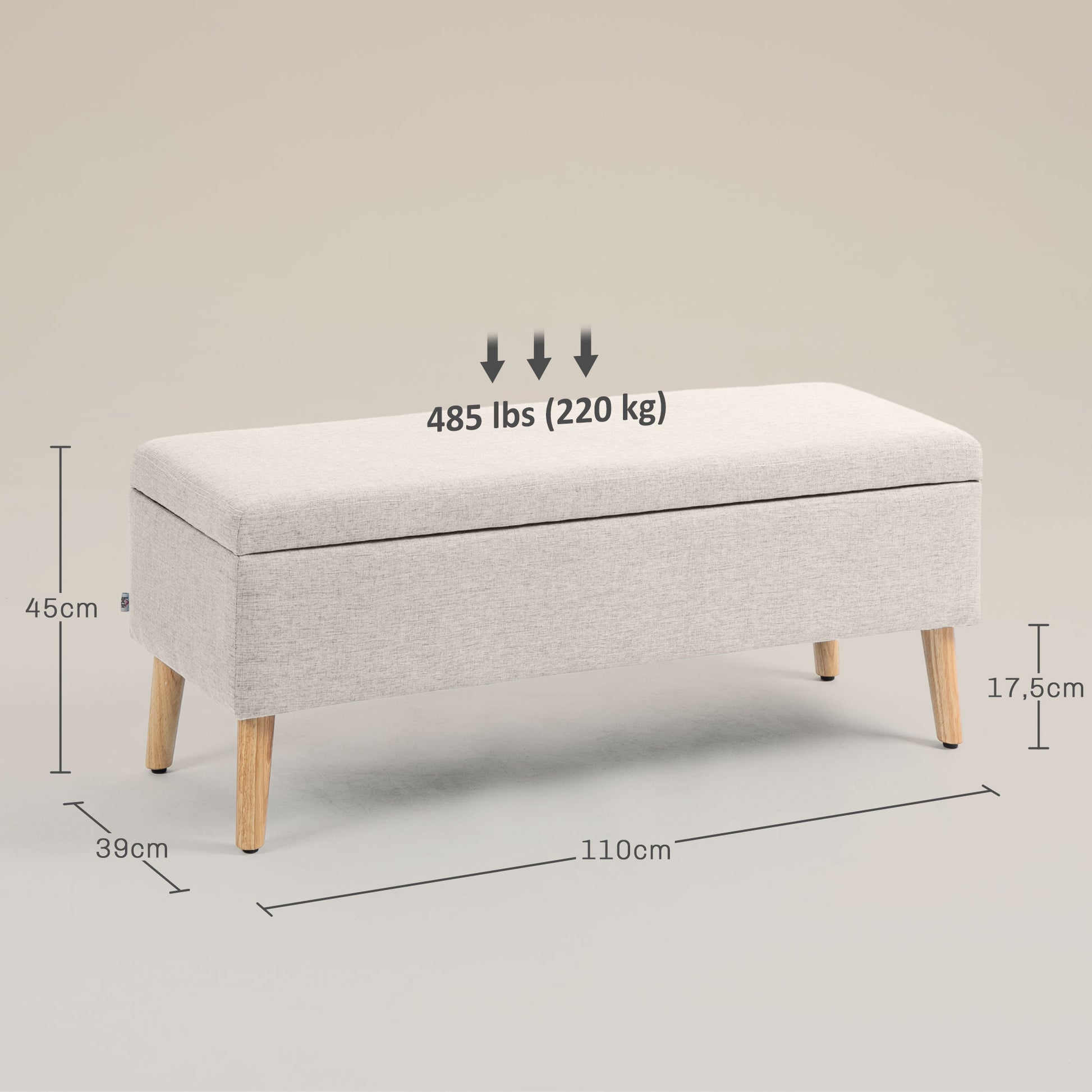 Bench with Storage, Upholstered Bench with Linen Look, Bed Bench with Wooden Legs, Storage Bench for Living Room Bedroom Hallway 110 x 39 x 45 cm, Beige