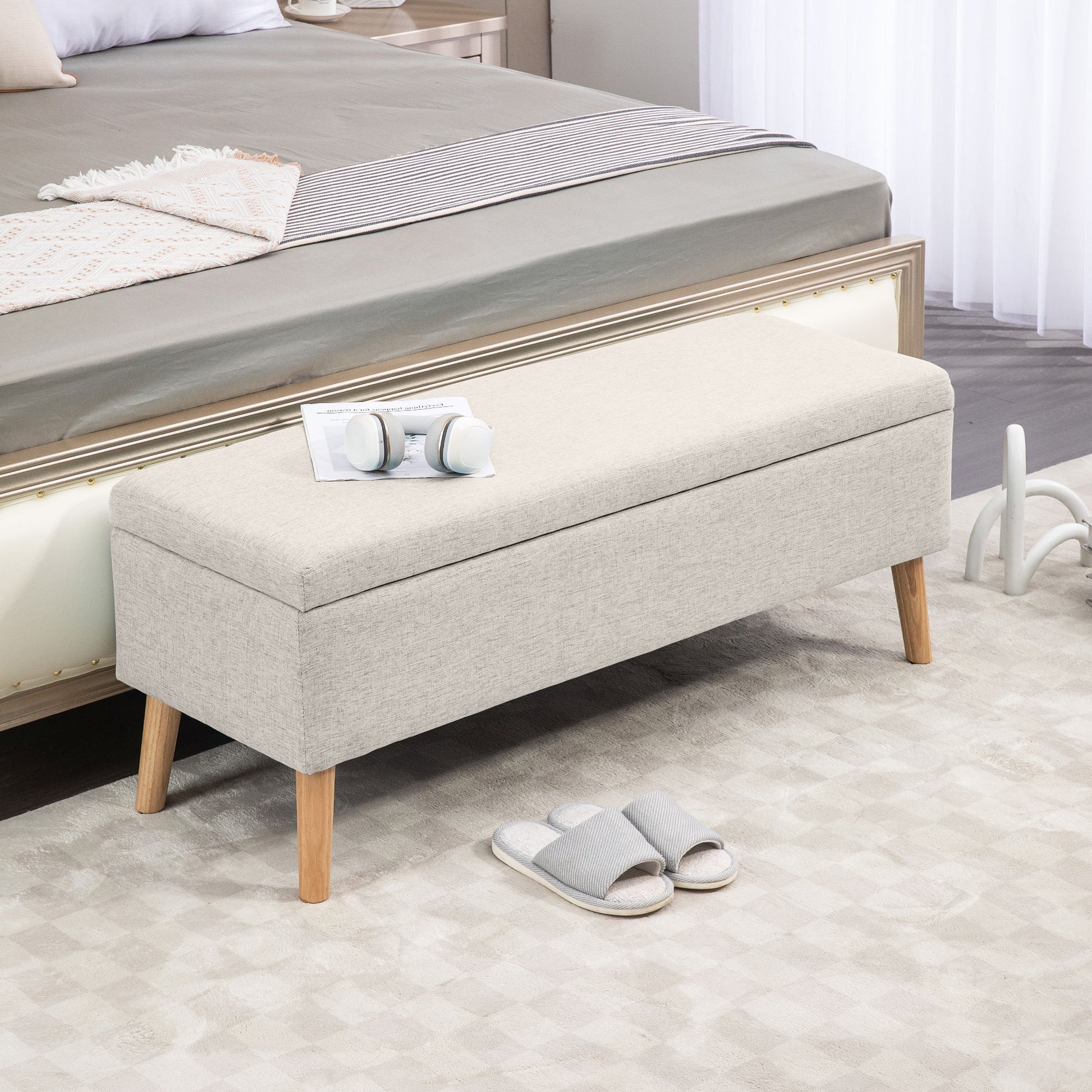 Bench with Storage, Upholstered Bench with Linen Look, Bed Bench with Wooden Legs, Storage Bench for Living Room Bedroom Hallway 110 x 39 x 45 cm, Beige