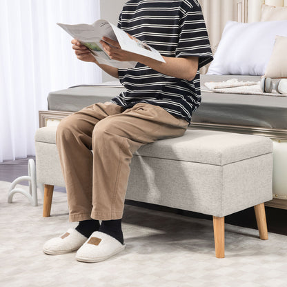 Bench with Storage, Upholstered Bench with Linen Look, Bed Bench with Wooden Legs, Storage Bench for Living Room Bedroom Hallway 110 x 39 x 45 cm, Beige