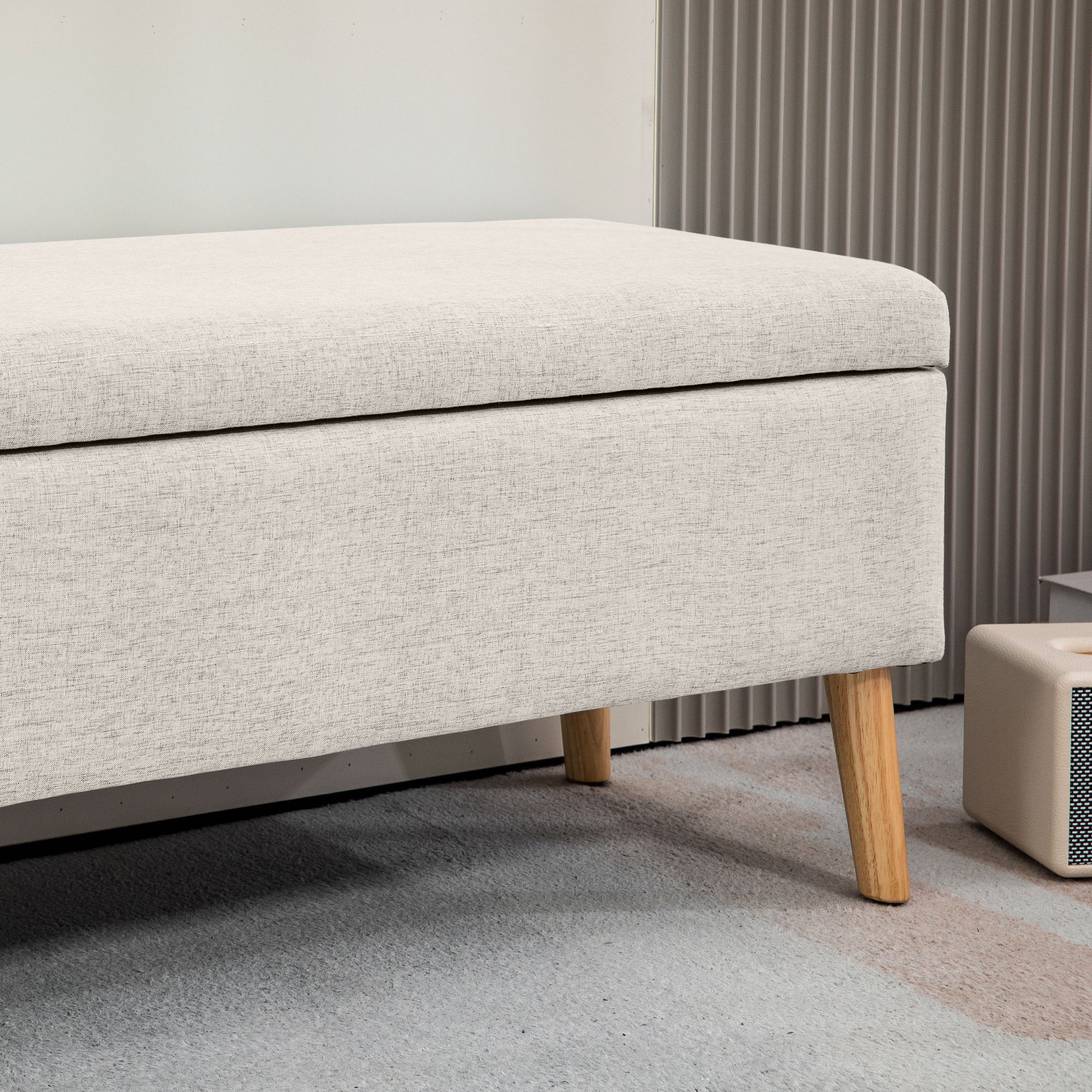 Bench with Storage, Upholstered Bench with Linen Look, Bed Bench with Wooden Legs, Storage Bench for Living Room Bedroom Hallway 110 x 39 x 45 cm, Beige