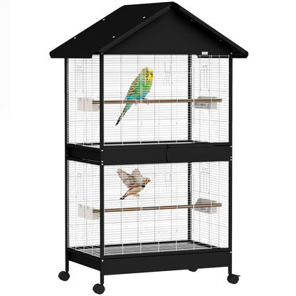 Large Bird Aviary with Removable Divider, 2 Doors, 4 Wooden Perches, Wheels, 2 Trays & 6 Feeders – XXL Cage for Budgies, Cockatiels, Canaries (94 x 70 x 158 cm / 37 x 27.6 x 62.2 in)