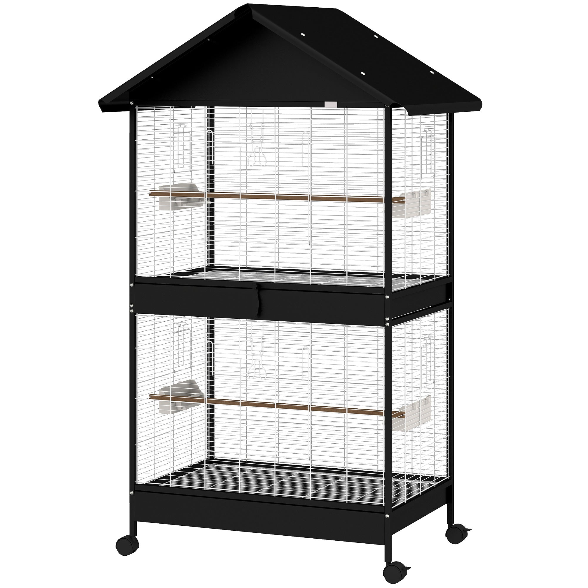 Large Bird Aviary with Removable Divider, 2 Doors, 4 Wooden Perches, Wheels, 2 Trays & 6 Feeders – XXL Cage for Budgies, Cockatiels, Canaries (94 x 70 x 158 cm / 37 x 27.6 x 62.2 in)