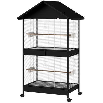Large Bird Aviary with Removable Divider, 2 Doors, 4 Wooden Perches, Wheels, 2 Trays & 6 Feeders – XXL Cage for Budgies, Cockatiels, Canaries (94 x 70 x 158 cm / 37 x 27.6 x 62.2 in)