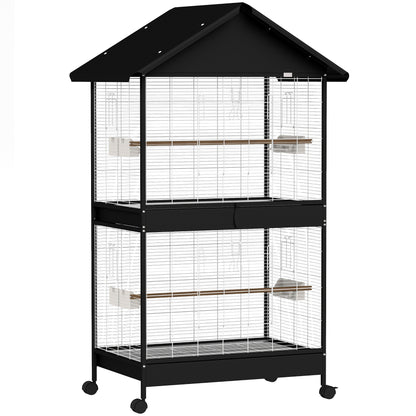 Large Bird Aviary with Removable Divider, 2 Doors, 4 Wooden Perches, Wheels, 2 Trays & 6 Feeders – XXL Cage for Budgies, Cockatiels, Canaries (94 x 70 x 158 cm / 37 x 27.6 x 62.2 in)