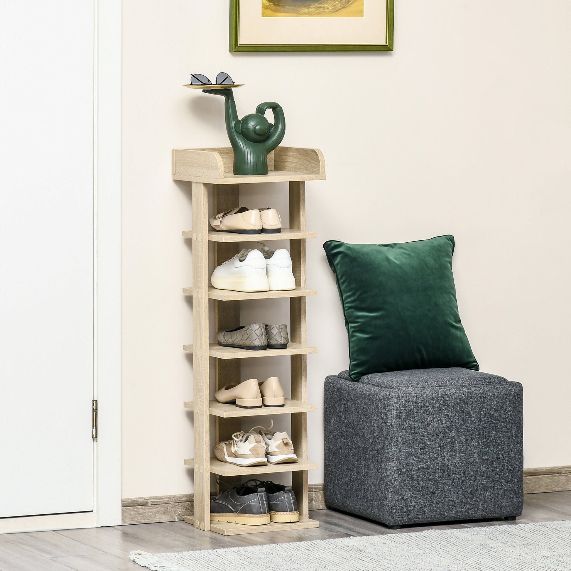 Entryway Wooden Shoe Rack, 6-Shelf Shoe Organizer with Top Shelf, 32x30x104cm, Oak