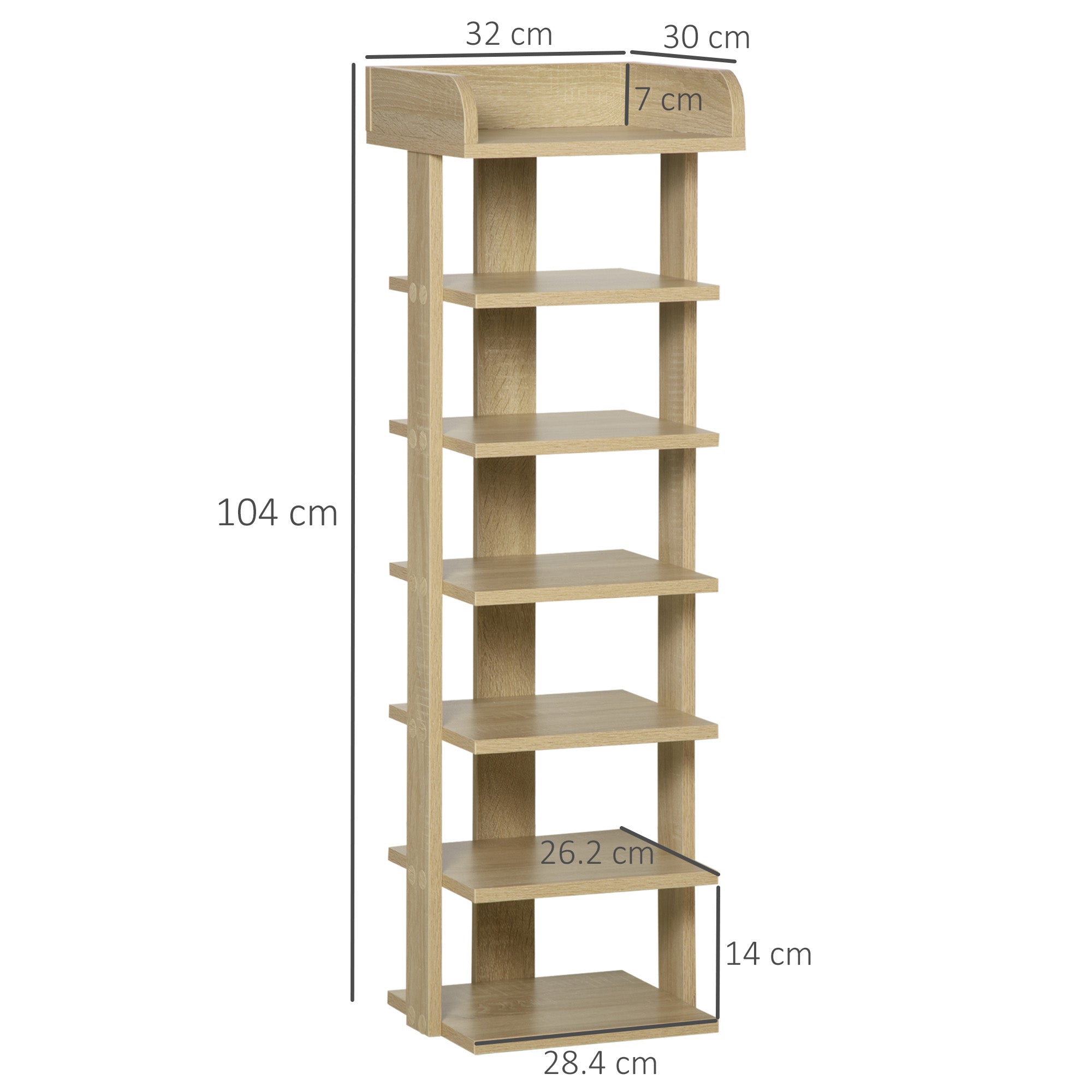 Entryway Wooden Shoe Rack, 6-Shelf Shoe Organizer with Top Shelf, 32x30x104cm, Oak
