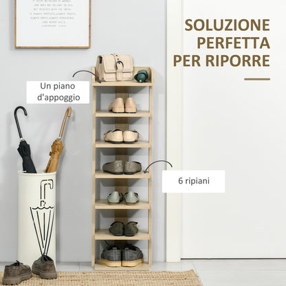 Entryway Wooden Shoe Rack, 6-Shelf Shoe Organizer with Top Shelf, 32x30x104cm, Oak
