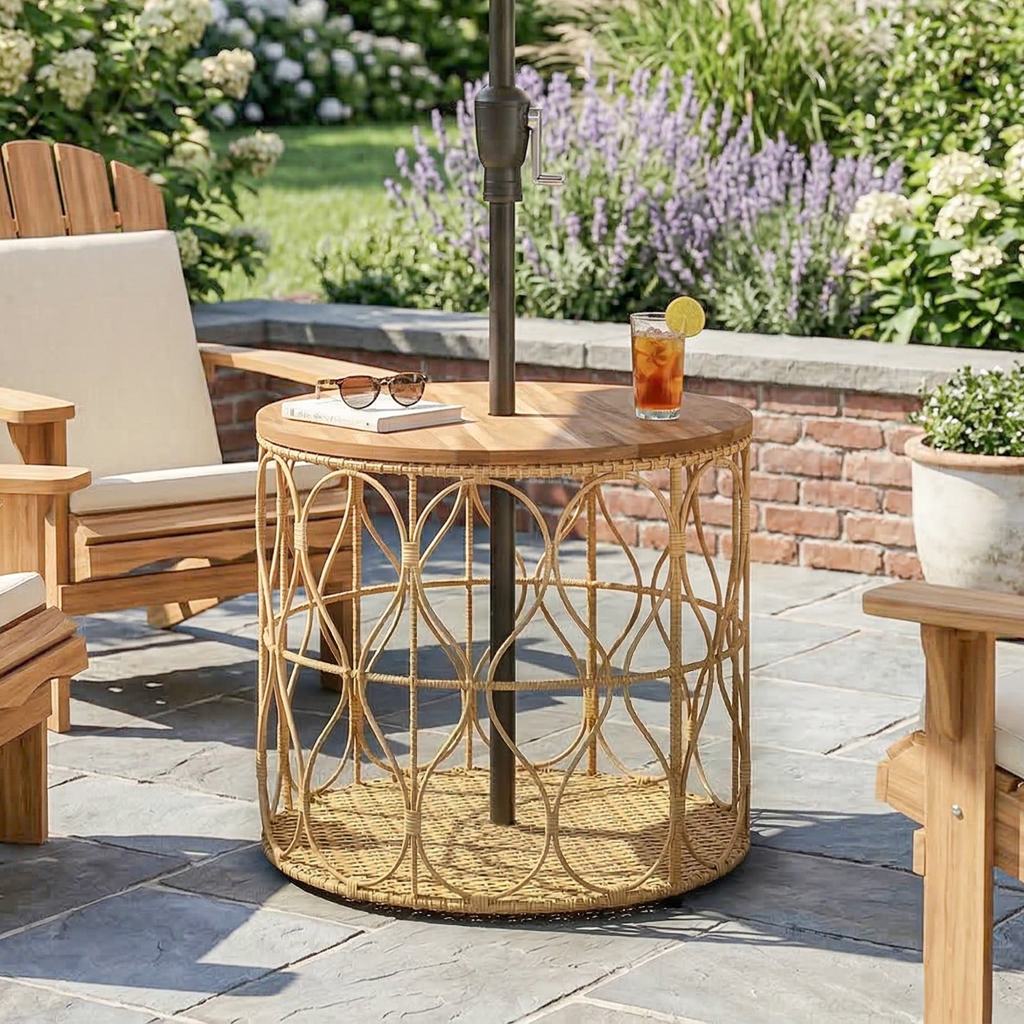 Side Table, 19.7-inch Round Weatherproof Garden Table with Rattan Look, Acacia Wood Top, Adjustable Feet, 176 lb Capacity, Bistro Table for Garden Terrace Balcony — Teak