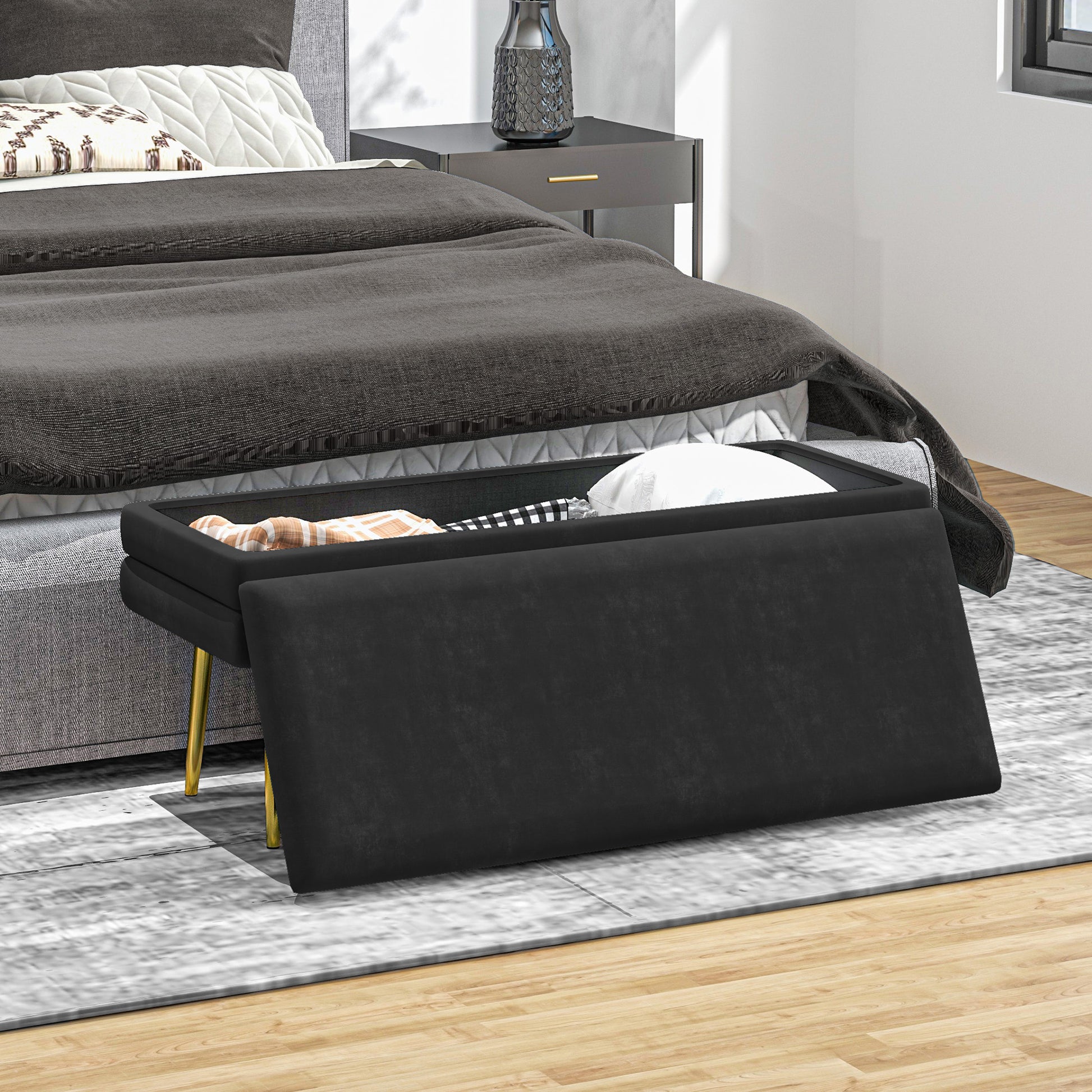 Storage Bench, Cushioned Bench with Storage, Velvet Look, Bed Bench with Steel Legs, Shoe Bench, Storage Bench for Living Room, Bedroom, Black, 100 x 37.5 x 42 cm