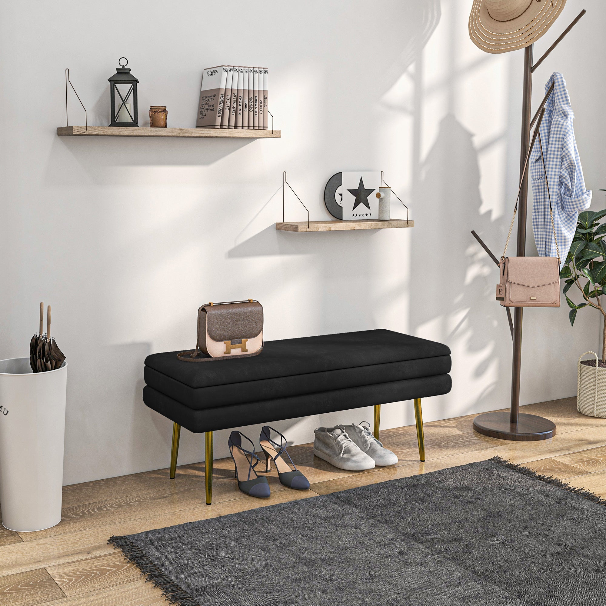 Storage Bench, Cushioned Bench with Storage, Velvet Look, Bed Bench with Steel Legs, Shoe Bench, Storage Bench for Living Room, Bedroom, Black, 100 x 37.5 x 42 cm