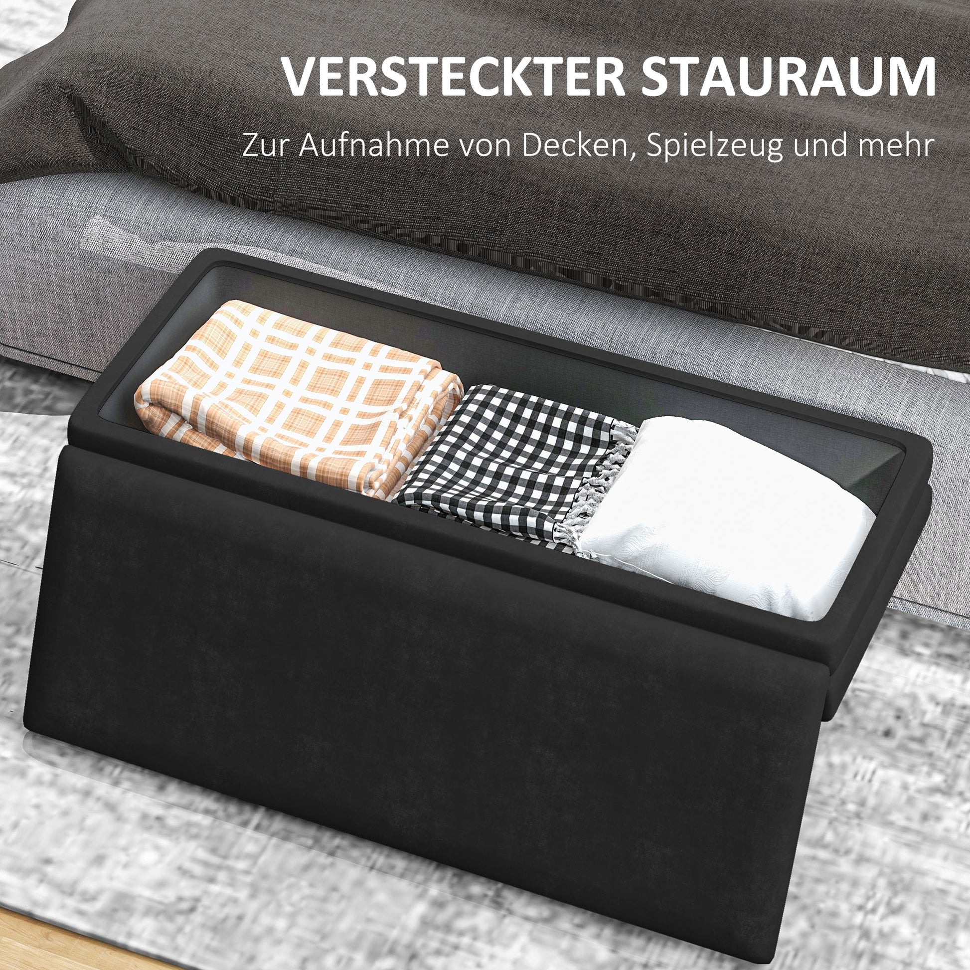 Storage Bench, Cushioned Bench with Storage, Velvet Look, Bed Bench with Steel Legs, Shoe Bench, Storage Bench for Living Room, Bedroom, Black, 100 x 37.5 x 42 cm
