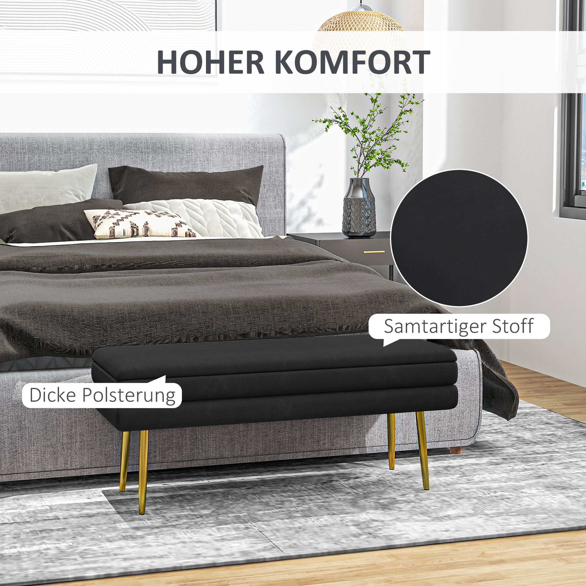 Storage Bench, Cushioned Bench with Storage, Velvet Look, Bed Bench with Steel Legs, Shoe Bench, Storage Bench for Living Room, Bedroom, Black, 100 x 37.5 x 42 cm