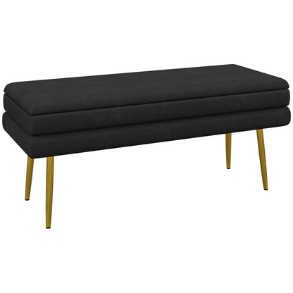 Storage Bench, Cushioned Bench with Storage, Velvet Look, Bed Bench with Steel Legs, Shoe Bench, Storage Bench for Living Room, Bedroom, Black, 100 x 37.5 x 42 cm