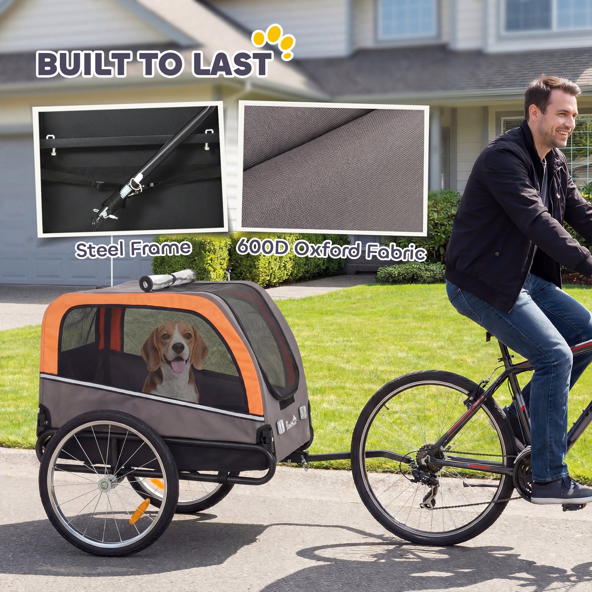 Foldable Dog Bike Trailer with Reflectors — 2 Zippered Doors, Internal Leash, Mesh Windows, Portable 600D Oxford Carrier for Small to Medium Dogs (up to 44 lb)