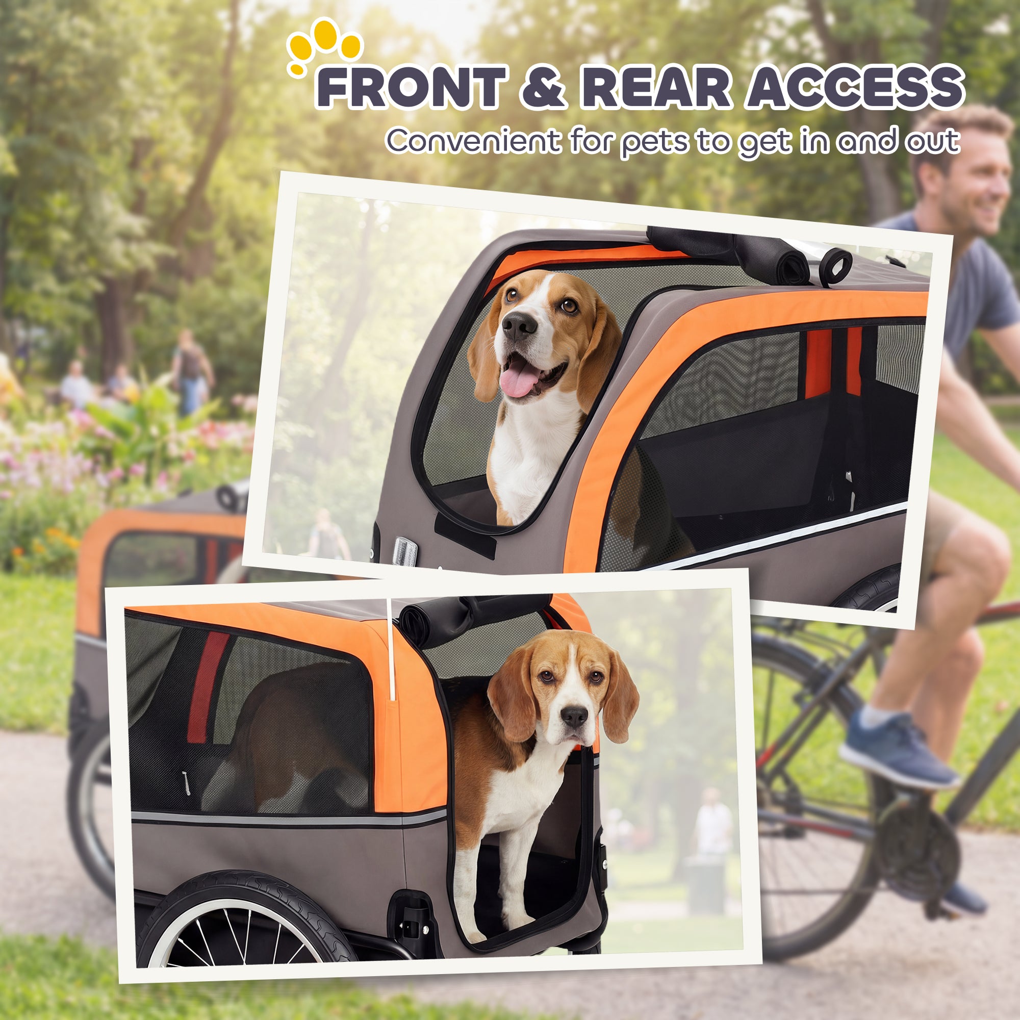 Foldable Dog Bike Trailer with Reflectors — 2 Zippered Doors, Internal Leash, Mesh Windows, Portable 600D Oxford Carrier for Small to Medium Dogs (up to 44 lb)