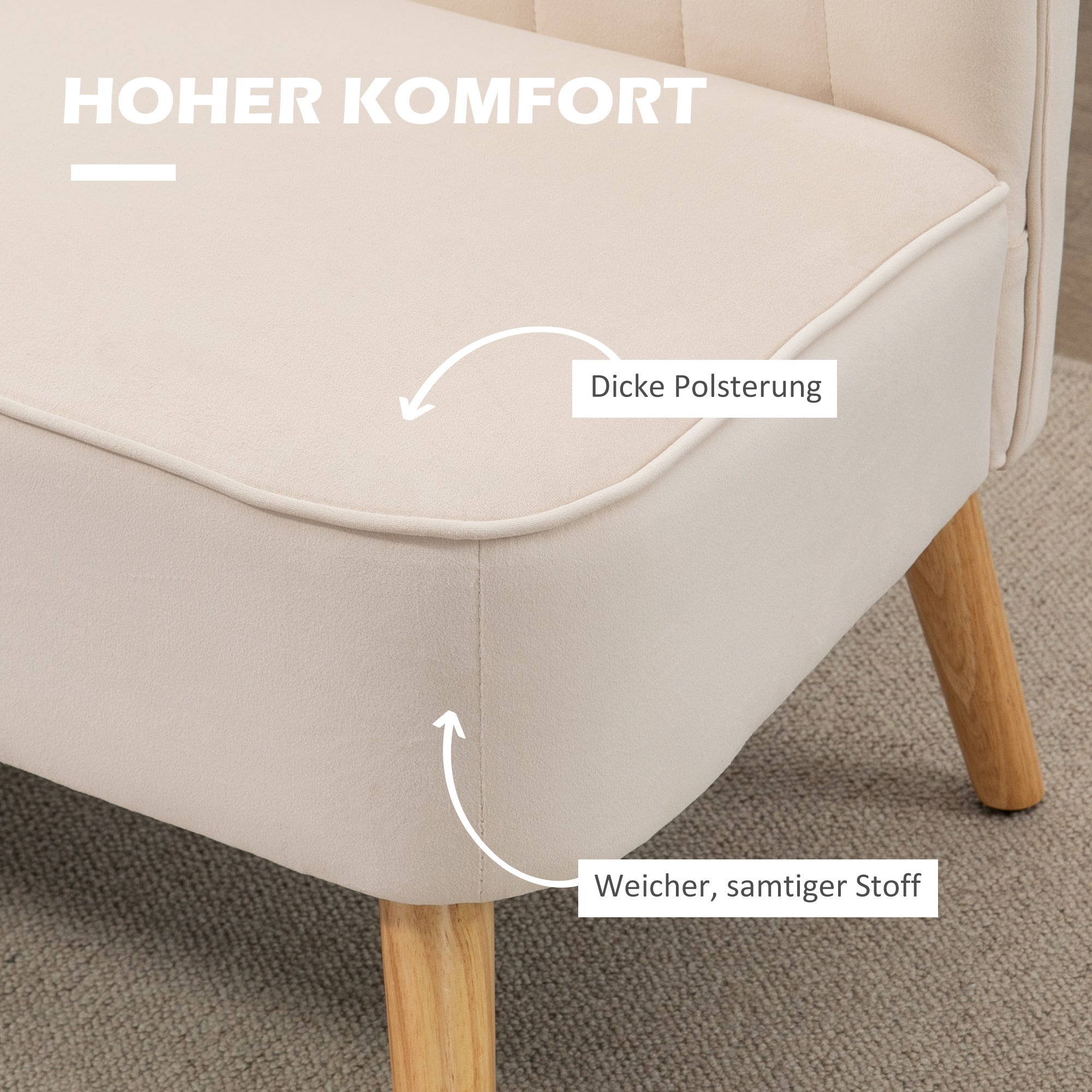 2-Seater Sofa Loveseat, Small Velvet‑Look Upholstered Couch for Living Room & Bedroom, Cream White — 46.1 x 22.2 x 30.3 in