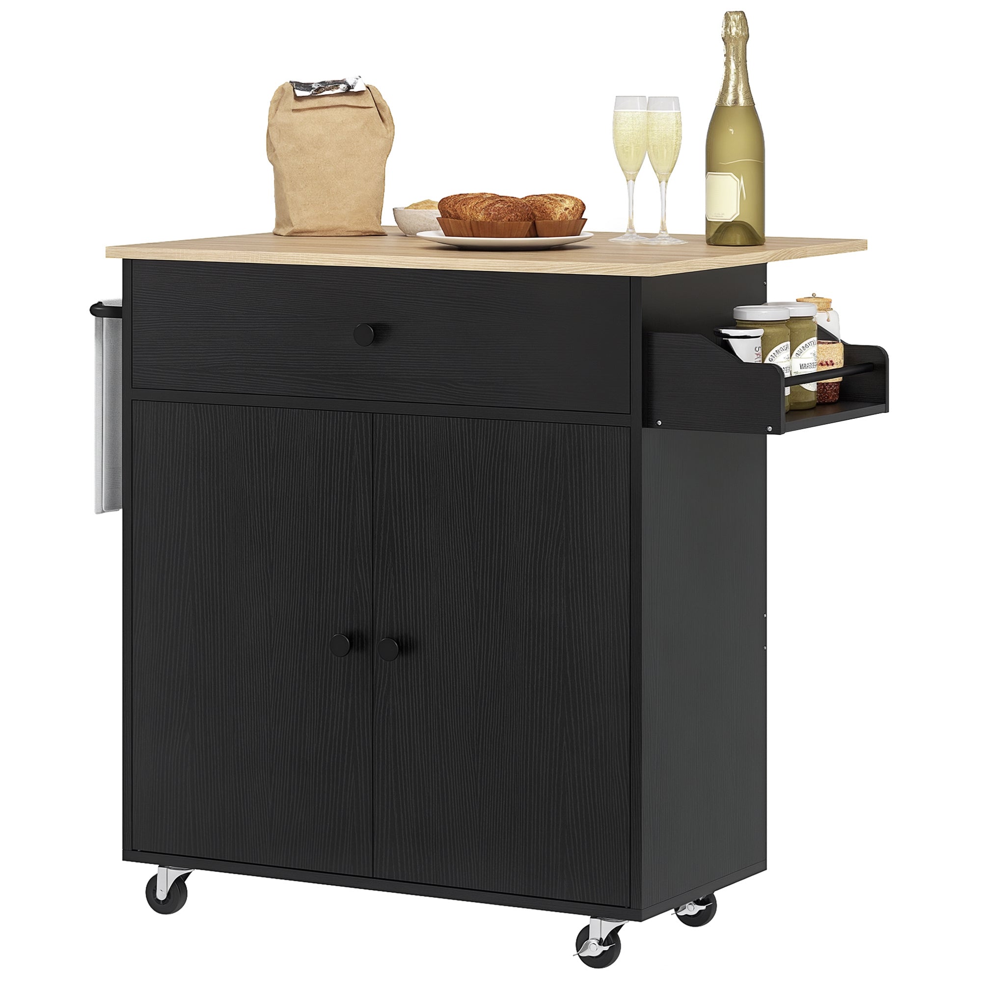 Kitchen Island with Folding Leaf Kitchen Cart Kitchen Sideboard with Wheels 2 Doors Drawer Spice Rack Towel Holder and Adjustable Shelf 106x42x87 cm Black and Oak