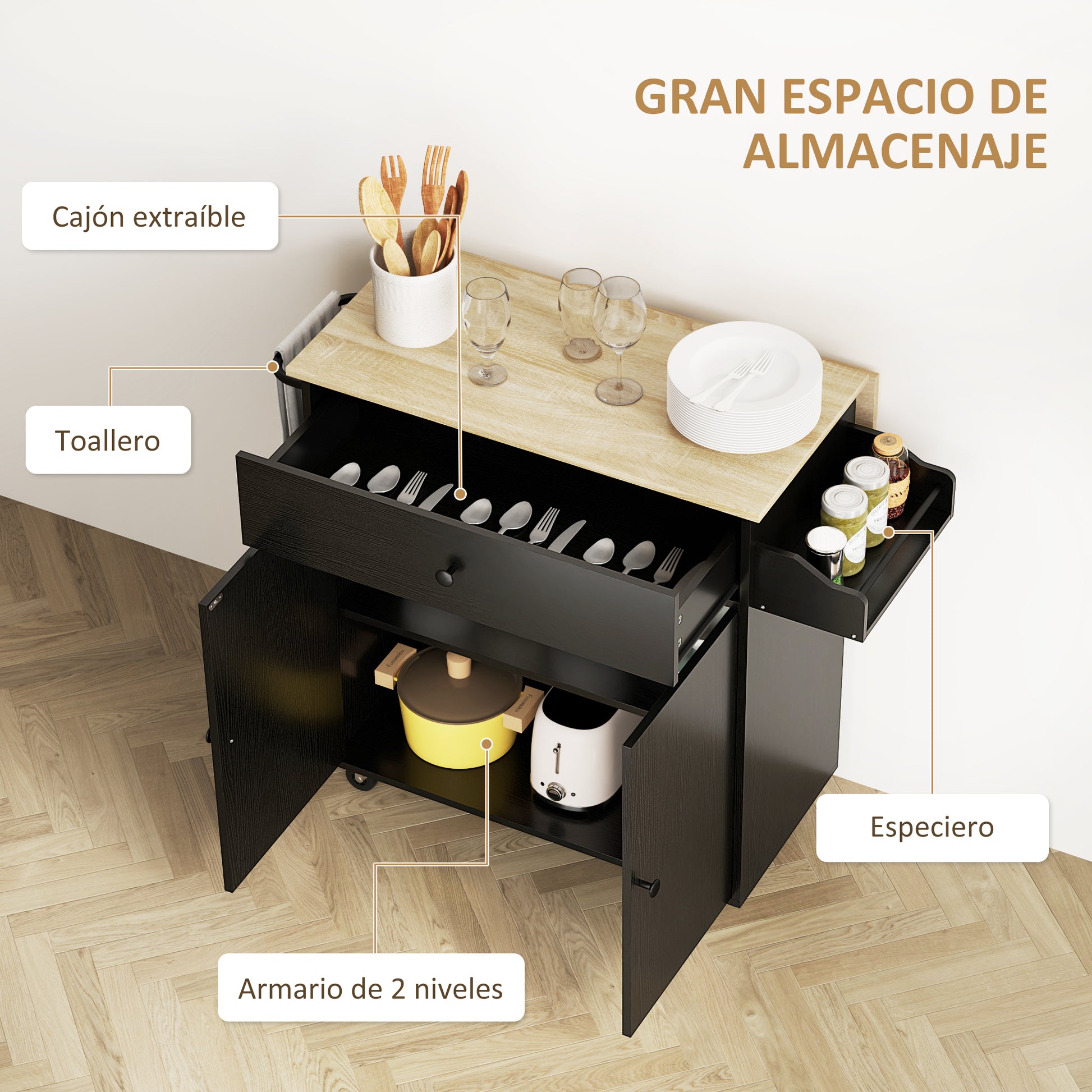Kitchen Island with Folding Leaf Kitchen Cart Kitchen Sideboard with Wheels 2 Doors Drawer Spice Rack Towel Holder and Adjustable Shelf 106x42x87 cm Black and Oak
