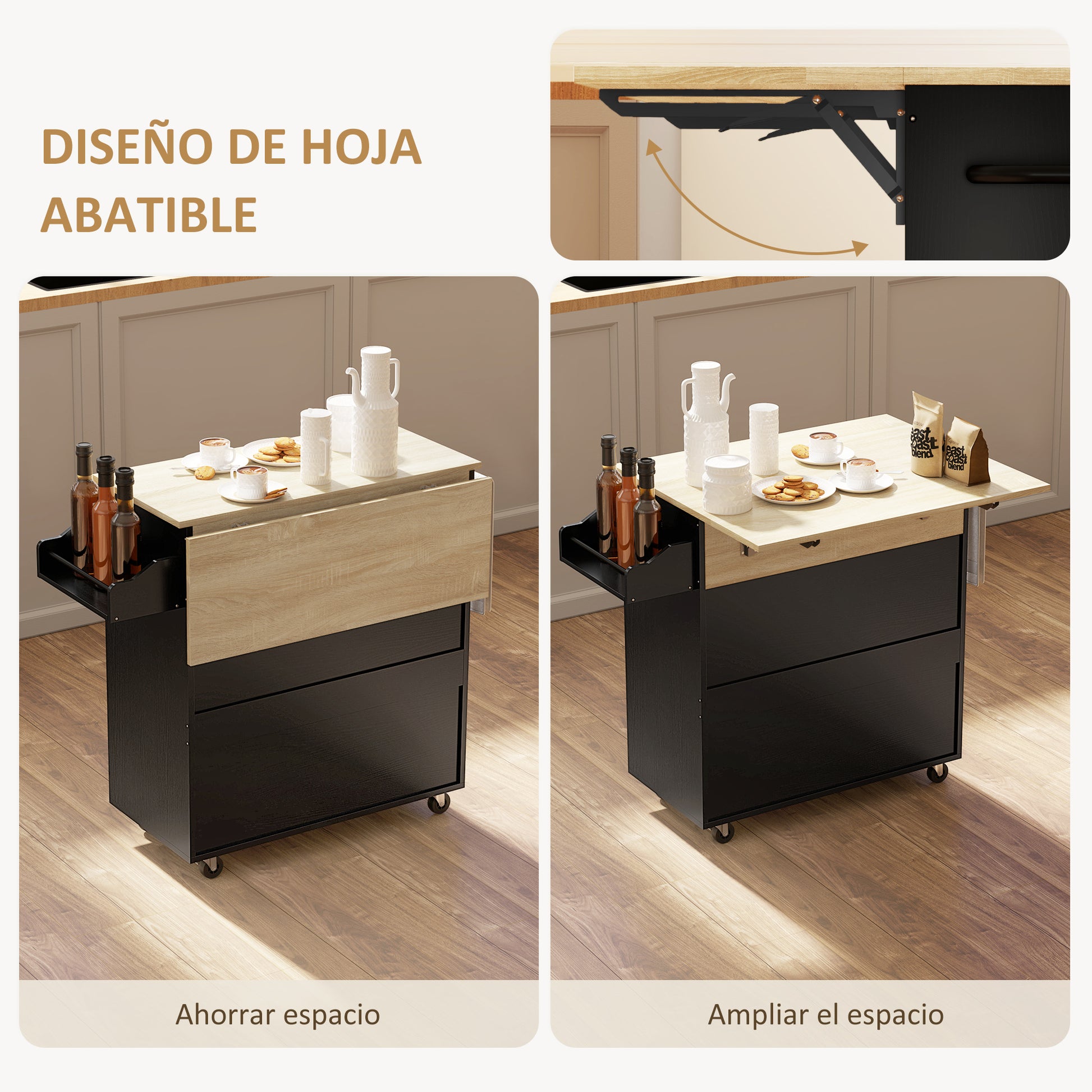 Kitchen Island with Folding Leaf Kitchen Cart Kitchen Sideboard with Wheels 2 Doors Drawer Spice Rack Towel Holder and Adjustable Shelf 106x42x87 cm Black and Oak