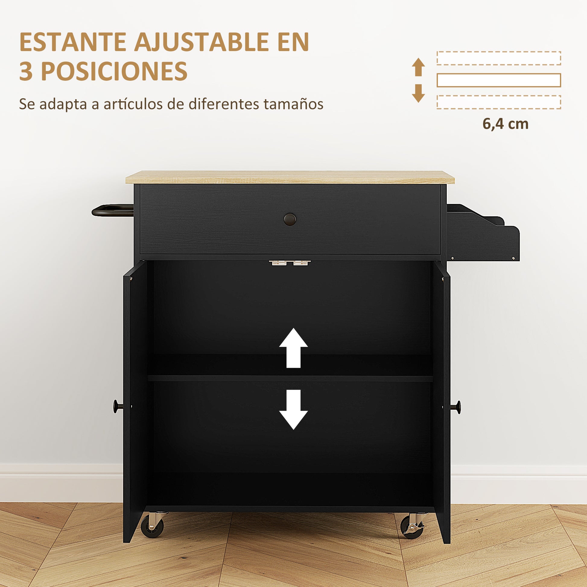 Kitchen Island with Folding Leaf Kitchen Cart Kitchen Sideboard with Wheels 2 Doors Drawer Spice Rack Towel Holder and Adjustable Shelf 106x42x87 cm Black and Oak