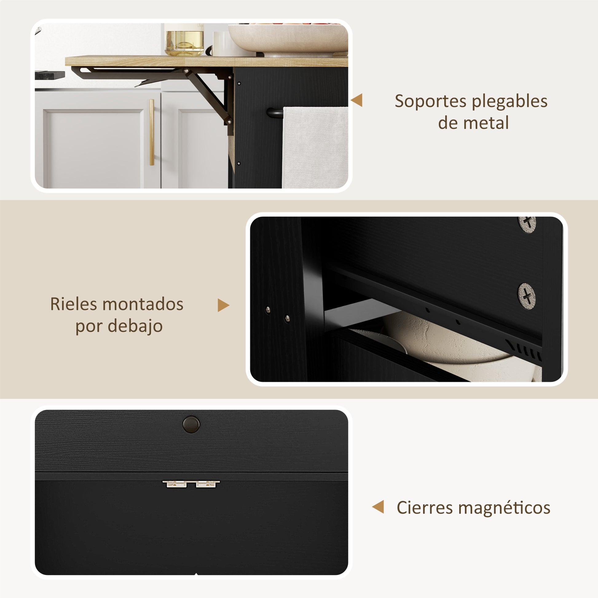 Kitchen Island with Folding Leaf Kitchen Cart Kitchen Sideboard with Wheels 2 Doors Drawer Spice Rack Towel Holder and Adjustable Shelf 106x42x87 cm Black and Oak