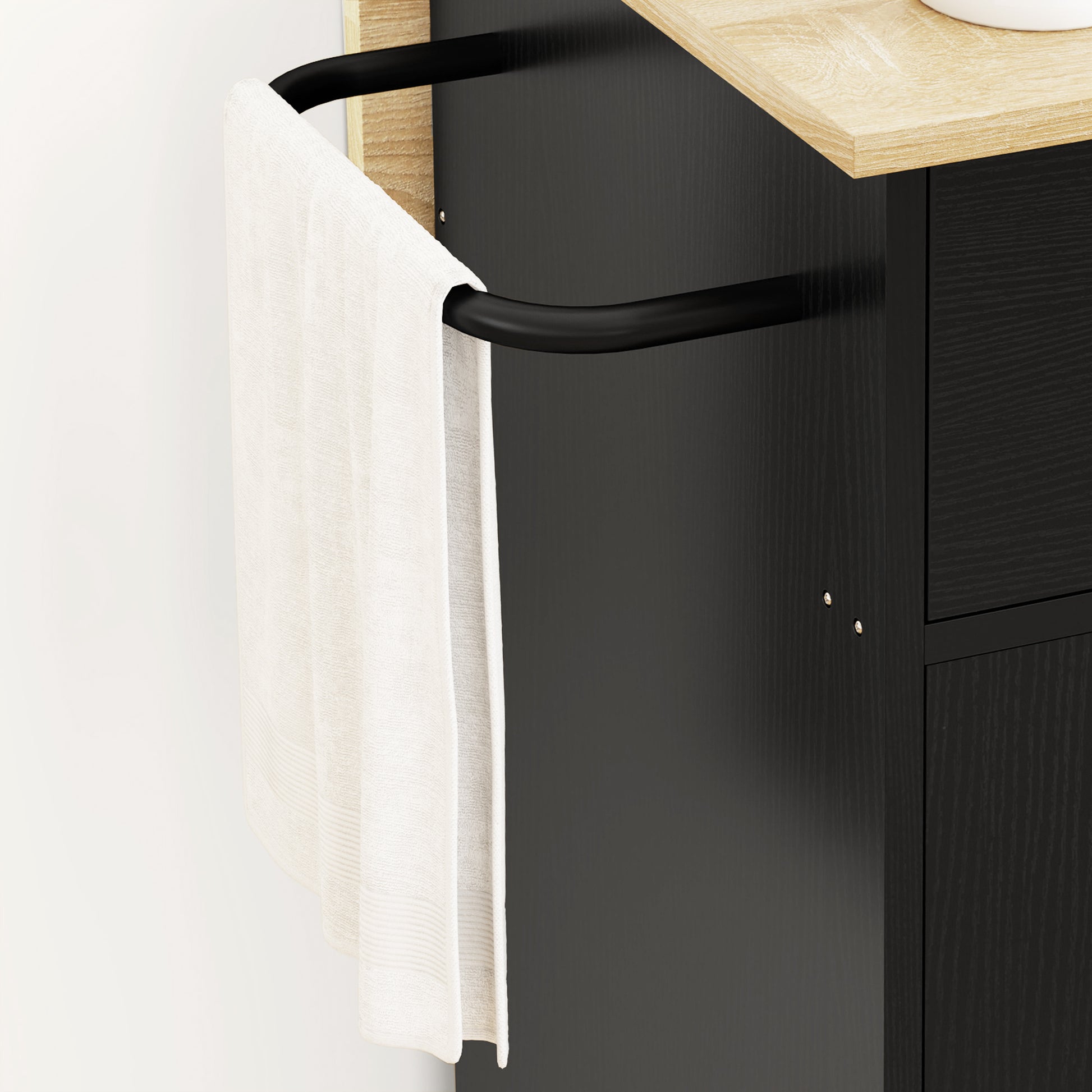 Kitchen Island with Folding Leaf Kitchen Cart Kitchen Sideboard with Wheels 2 Doors Drawer Spice Rack Towel Holder and Adjustable Shelf 106x42x87 cm Black and Oak