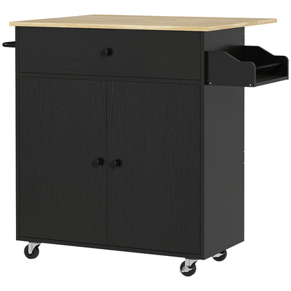 Kitchen Island with Folding Leaf Kitchen Cart Kitchen Sideboard with Wheels 2 Doors Drawer Spice Rack Towel Holder and Adjustable Shelf 106x42x87 cm Black and Oak