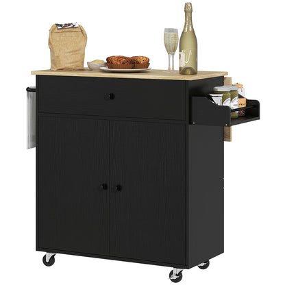 Kitchen Island with Folding Leaf Kitchen Cart Kitchen Sideboard with Wheels 2 Doors Drawer Spice Rack Towel Holder and Adjustable Shelf 106x42x87 cm Black and Oak
