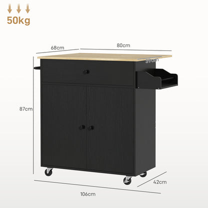 Kitchen Island with Folding Leaf Kitchen Cart Kitchen Sideboard with Wheels 2 Doors Drawer Spice Rack Towel Holder and Adjustable Shelf 106x42x87 cm Black and Oak