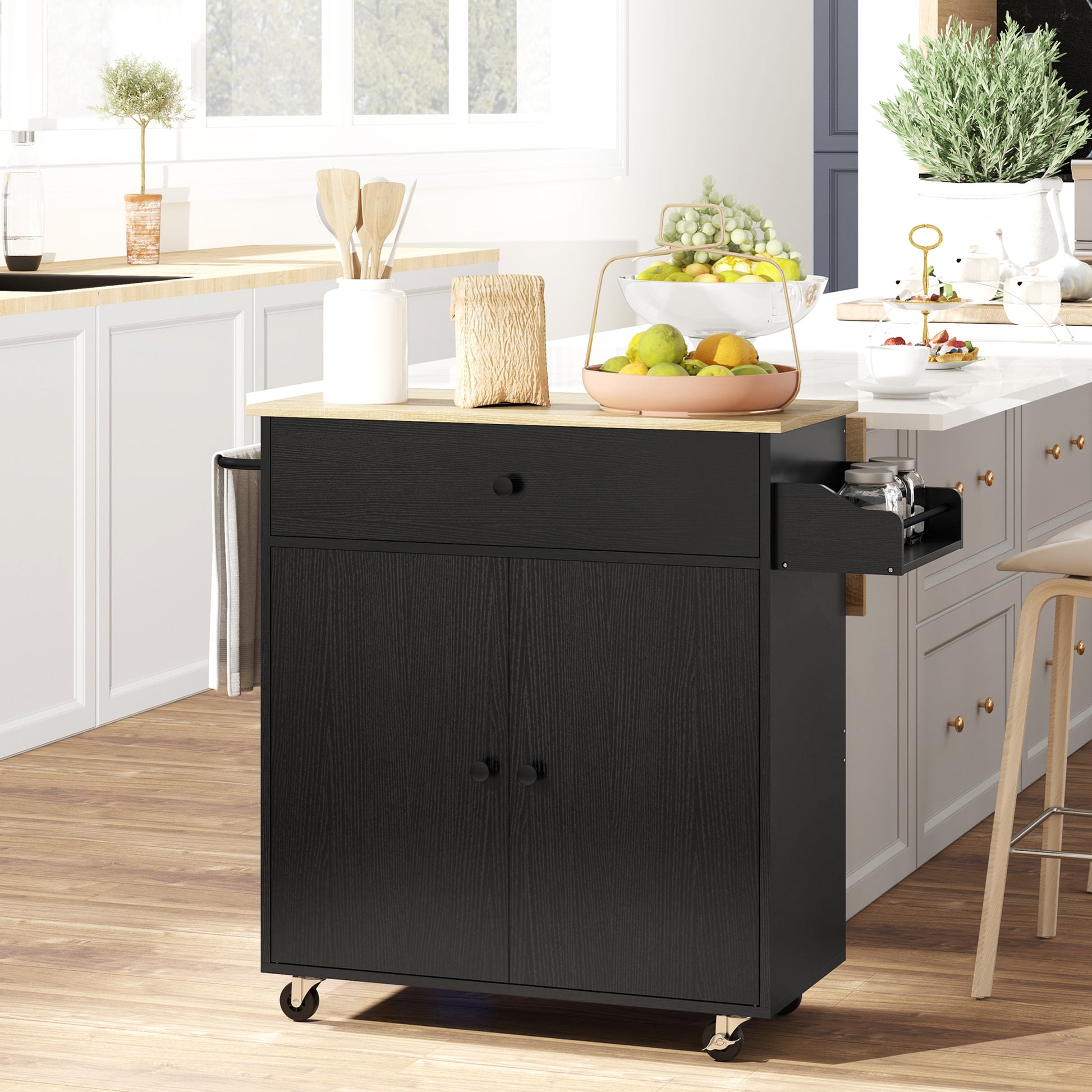 Kitchen Island with Folding Leaf Kitchen Cart Kitchen Sideboard with Wheels 2 Doors Drawer Spice Rack Towel Holder and Adjustable Shelf 106x42x87 cm Black and Oak