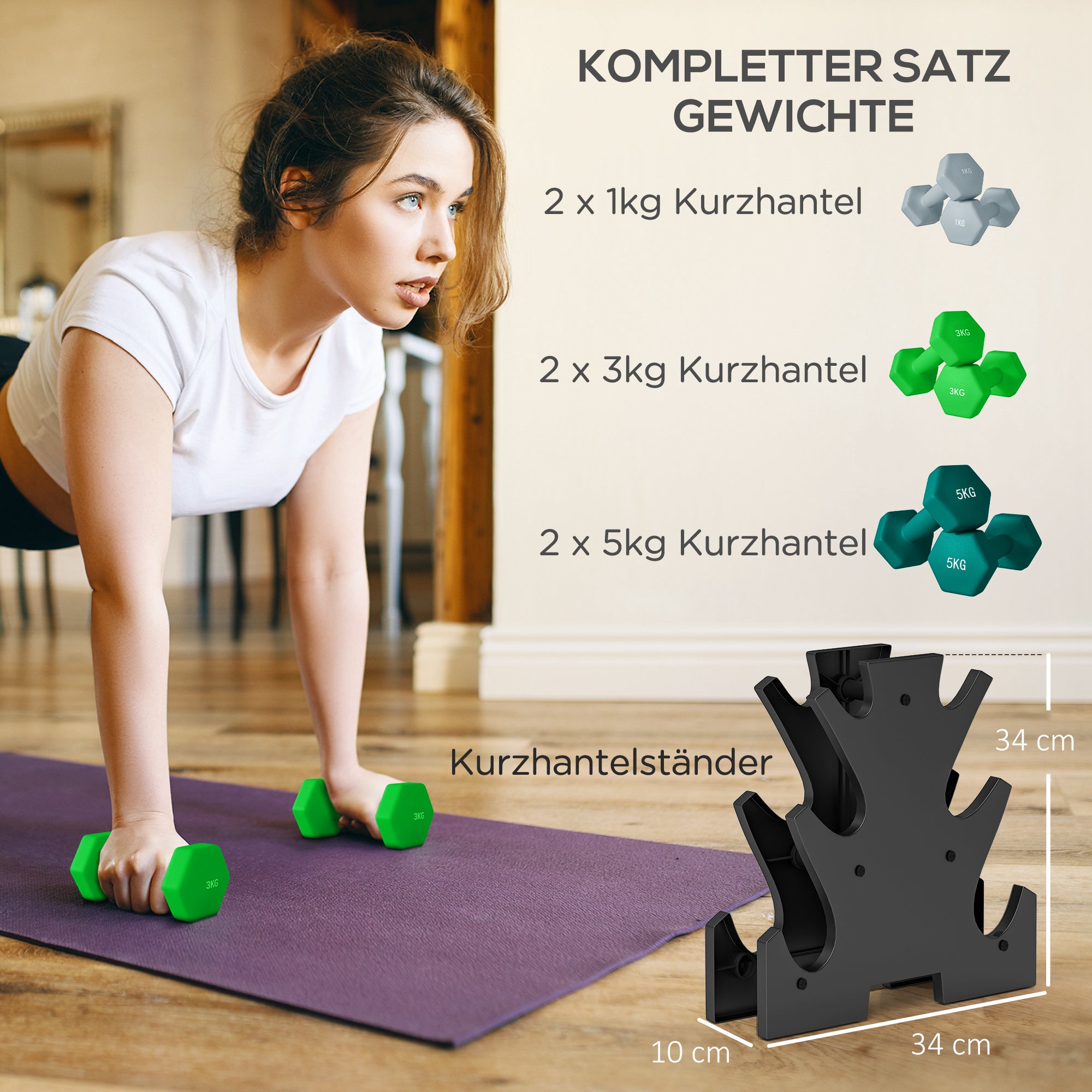 SPORTNOW Dumbbell Set 6 Dumbbells with Dumbbell Rack, 2 x 1kg, 2 x 3kg, 2 x 5kg Metal Dumbbell Set for Fitness, Gymnastics, Home