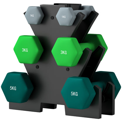 SPORTNOW Dumbbell Set 6 Dumbbells with Dumbbell Rack, 2 x 1kg, 2 x 3kg, 2 x 5kg Metal Dumbbell Set for Fitness, Gymnastics, Home