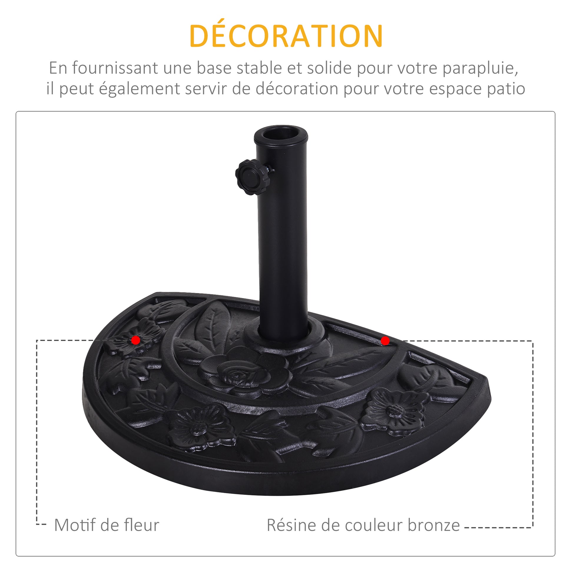 Umbrella Stand Half-Circle Base Weight Resin Cast Iron Look Flower Pattern with Tightening Knob, 50L x 31W x 32H cm, Black