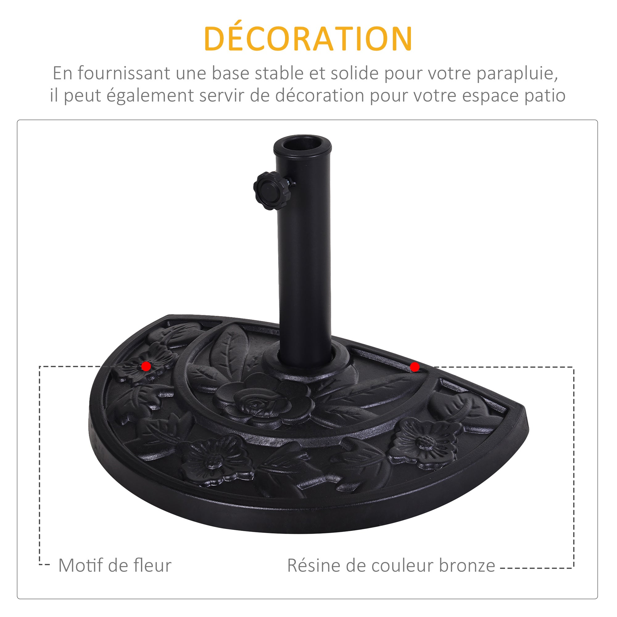 Umbrella Stand Half-Circle Base Weight Resin Cast Iron Look Flower Pattern with Tightening Knob, 50L x 31W x 32H cm, Black