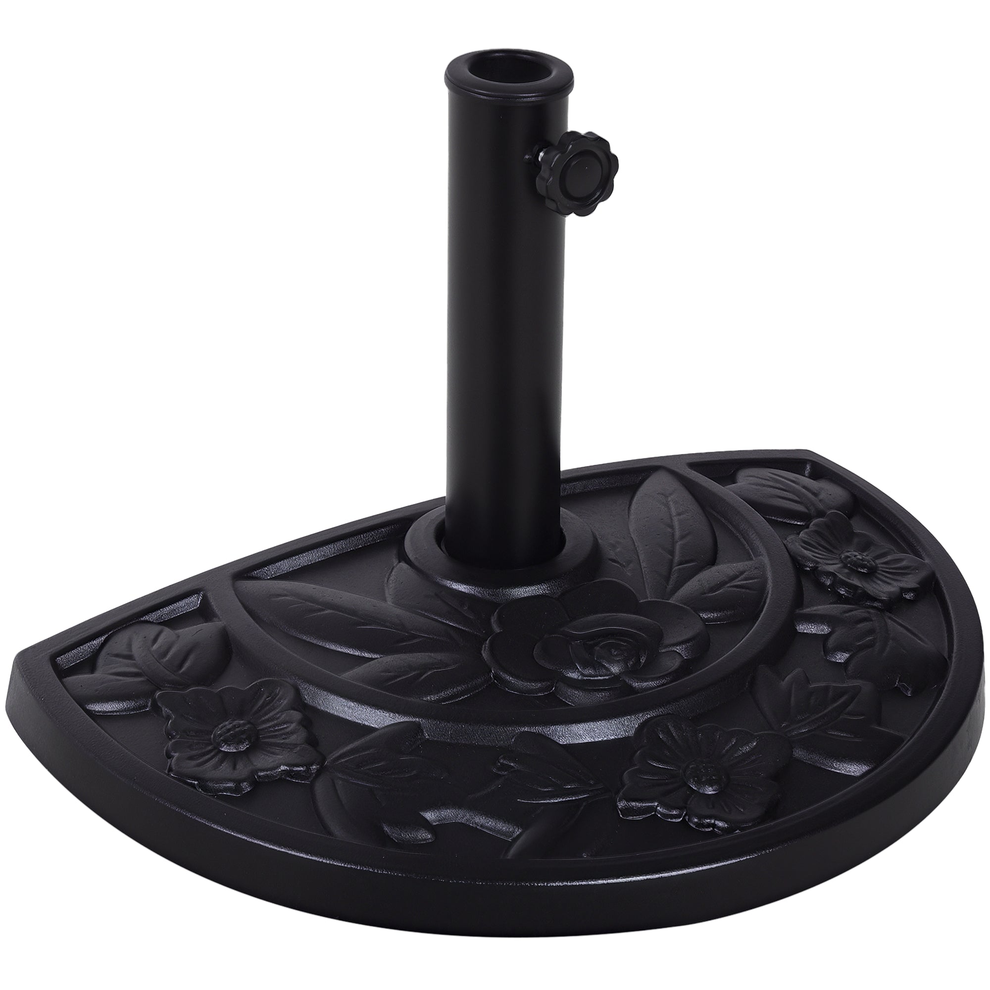 Umbrella Stand Half-Circle Base Weight Resin Cast Iron Look Flower Pattern with Tightening Knob, 50L x 31W x 32H cm, Black