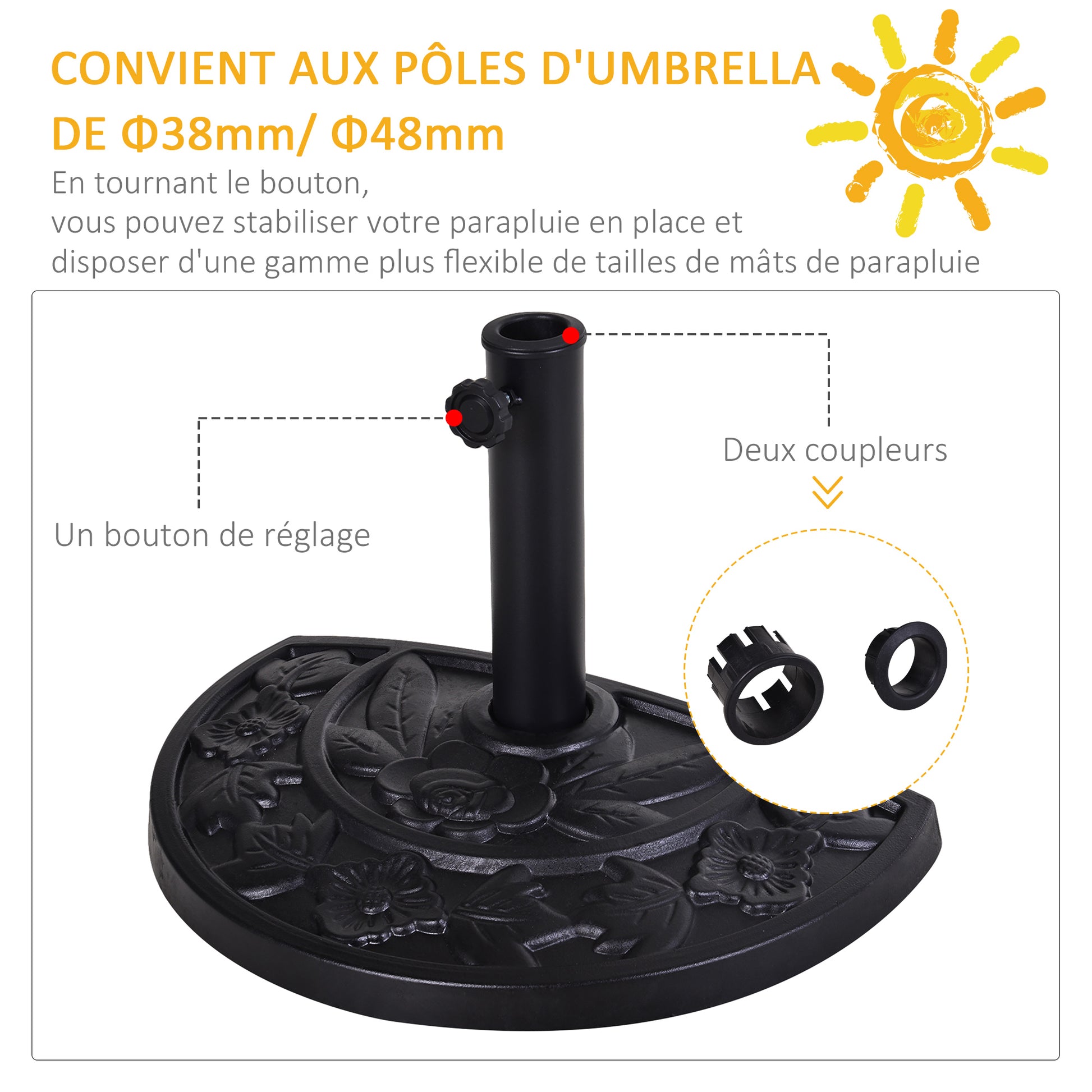 Umbrella Stand Half-Circle Base Weight Resin Cast Iron Look Flower Pattern with Tightening Knob, 50L x 31W x 32H cm, Black