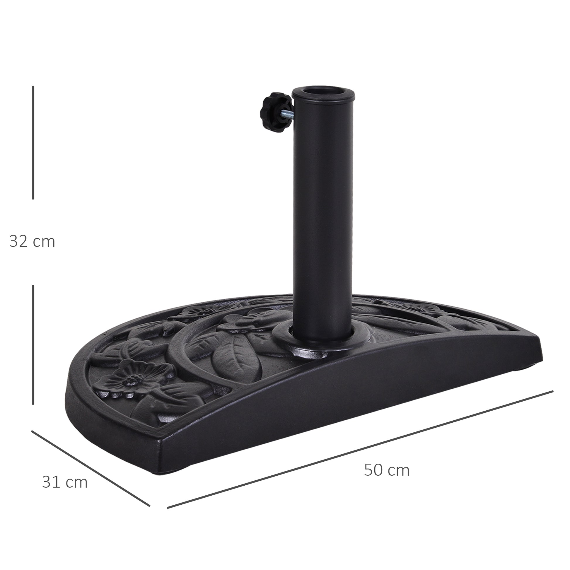 Umbrella Stand Half-Circle Base Weight Resin Cast Iron Look Flower Pattern with Tightening Knob, 50L x 31W x 32H cm, Black
