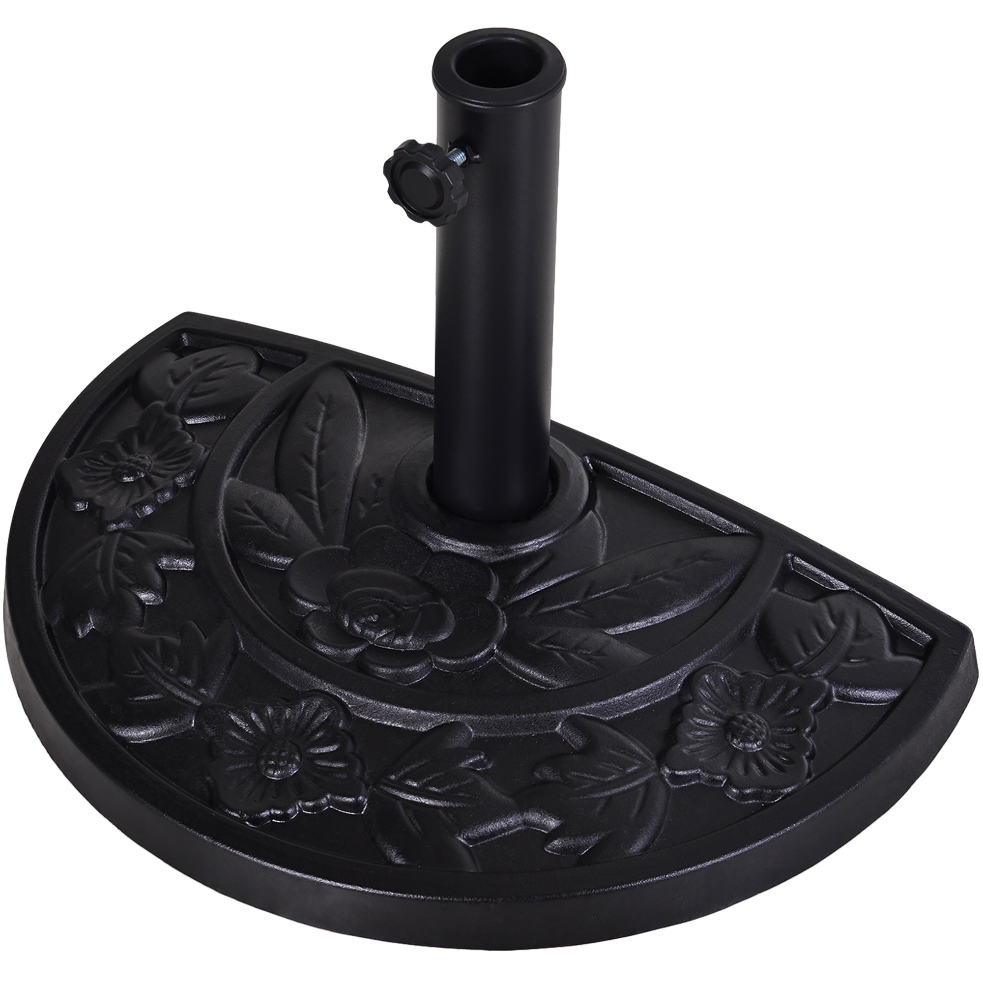 Umbrella Stand Half-Circle Base Weight Resin Cast Iron Look Flower Pattern with Tightening Knob, 50L x 31W x 32H cm, Black